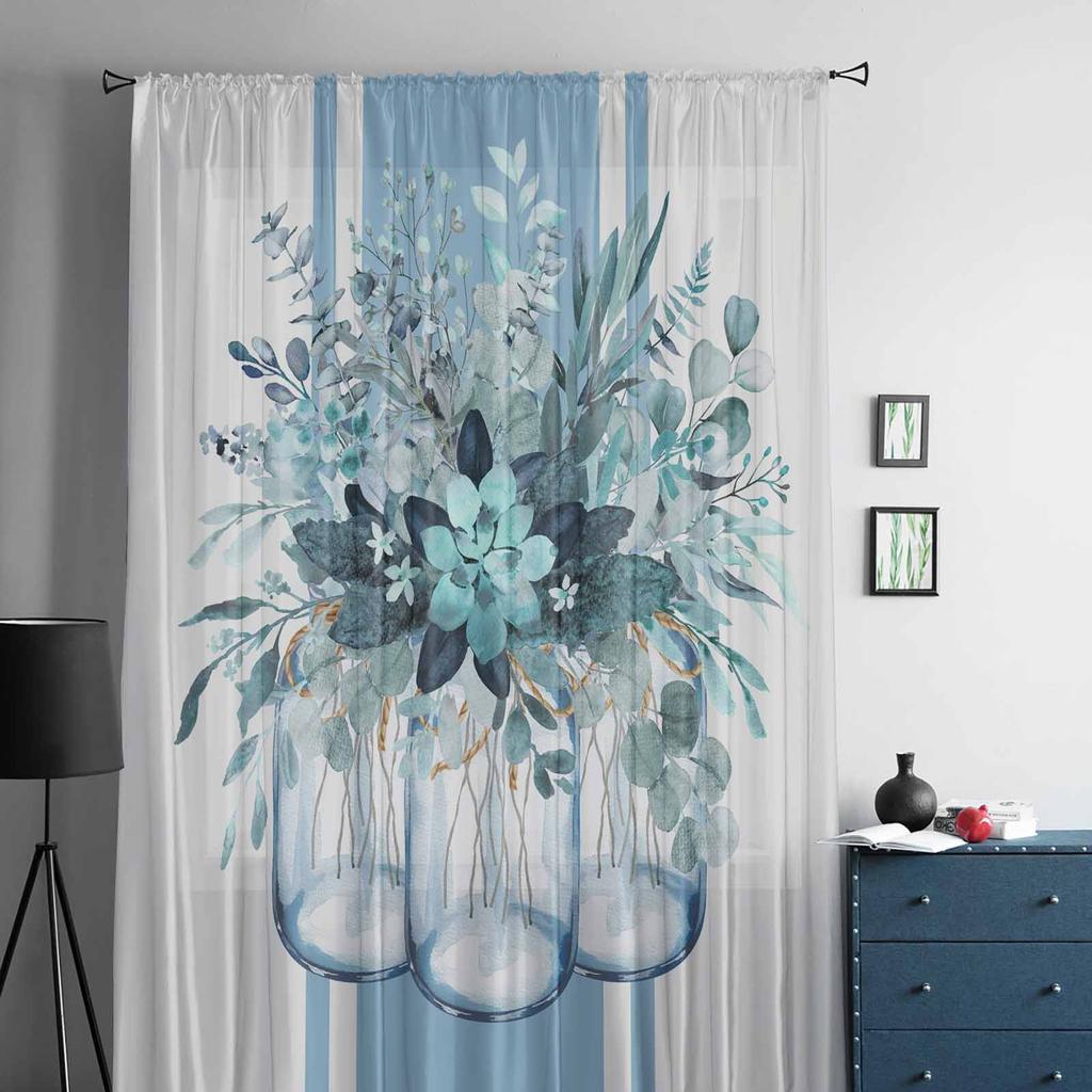 Spring Summer Eucalyptus Leaves Stripes Blue-Green Tulle Window Curtains for Bedroom Luxury Drapes in Living Room Chiffon Panels