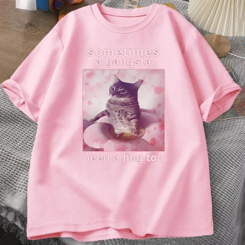 Sometimes A Gangsta Need A Hug Funny Cat Meme T-shirt Men Women Goofy Ahh T Shirt Y2k Graphic T Shirts Oversized Tee Clothing