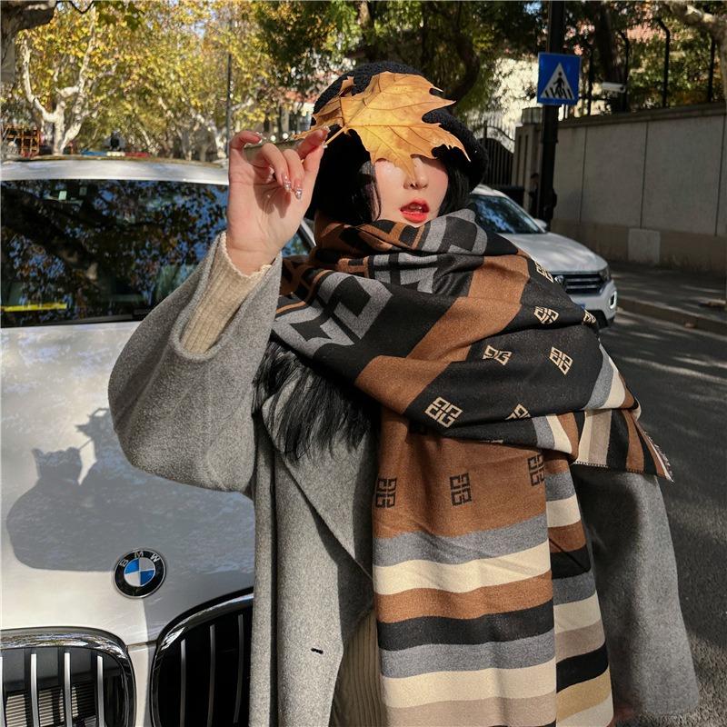 Autumn and Winter Colored Striped Imitation Cashmere Scarf Women's Student Couple Versatile Thickened Warm Double-sided Scarf