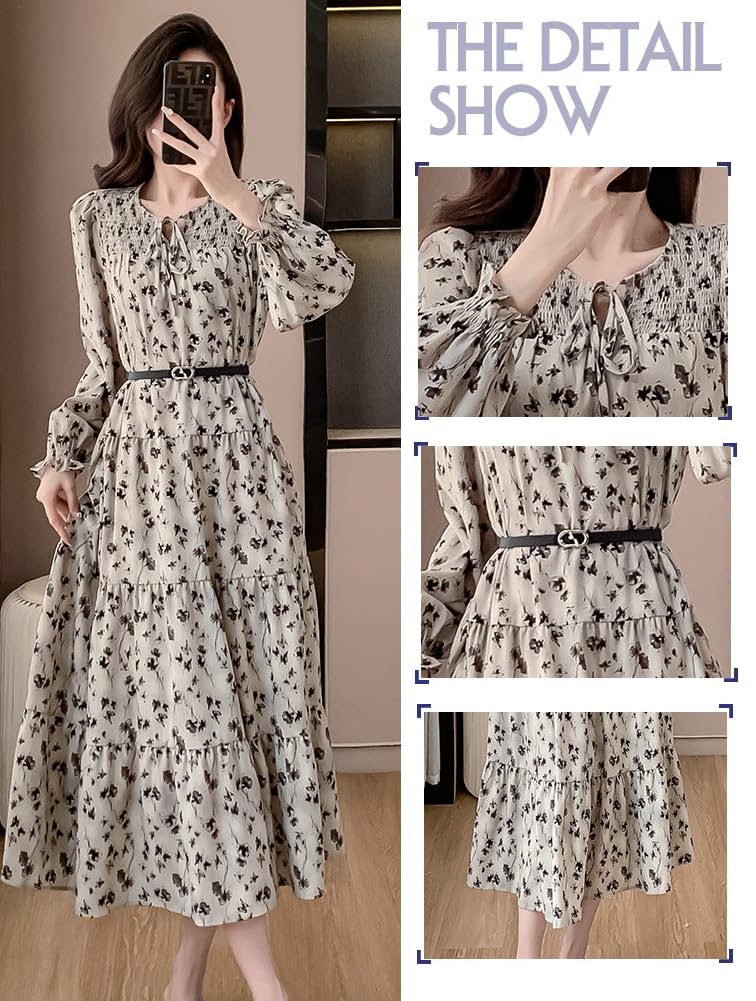 Floral Chiffon Long with Stylish and Elegant for Spring and Autumn [Chubikime] Women's Dress, A-Line, Flared, Belt,