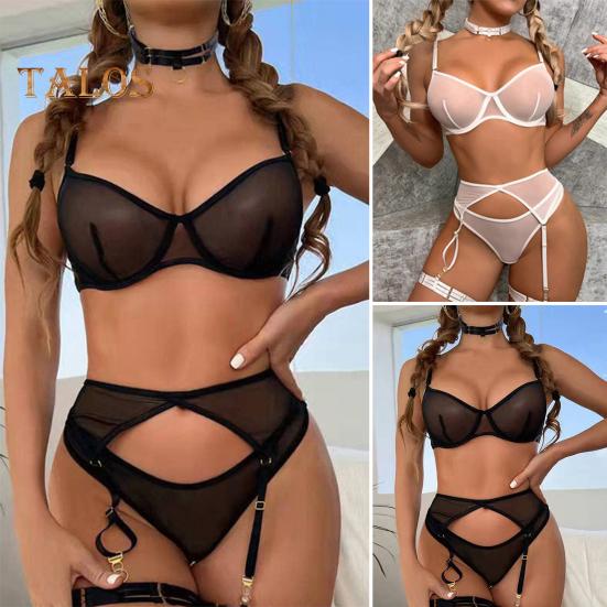 3 Pcs/Set Bra Thong Set with Garter Adjustable Straps See-through Mesh Thin Elastic High Waist Panties Wedding Night Honeymoon Valentines Day