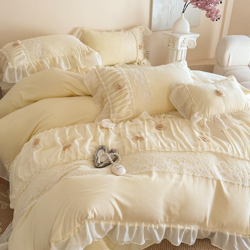 Korean Princess Style Cotton Bedding Set Lace Trim 3D Flower Duvet Cover Sheet Bedspread