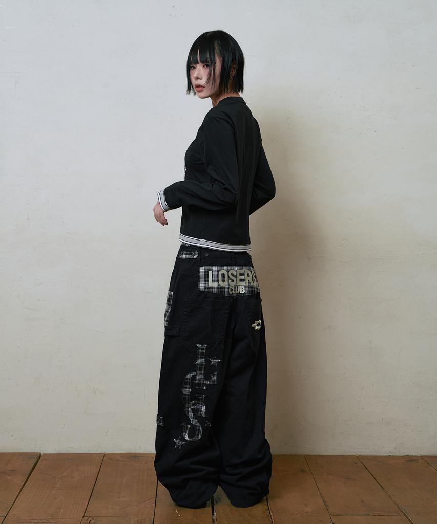 Lujeoseukeulleob Check Patch Wide Cotton Pants Black