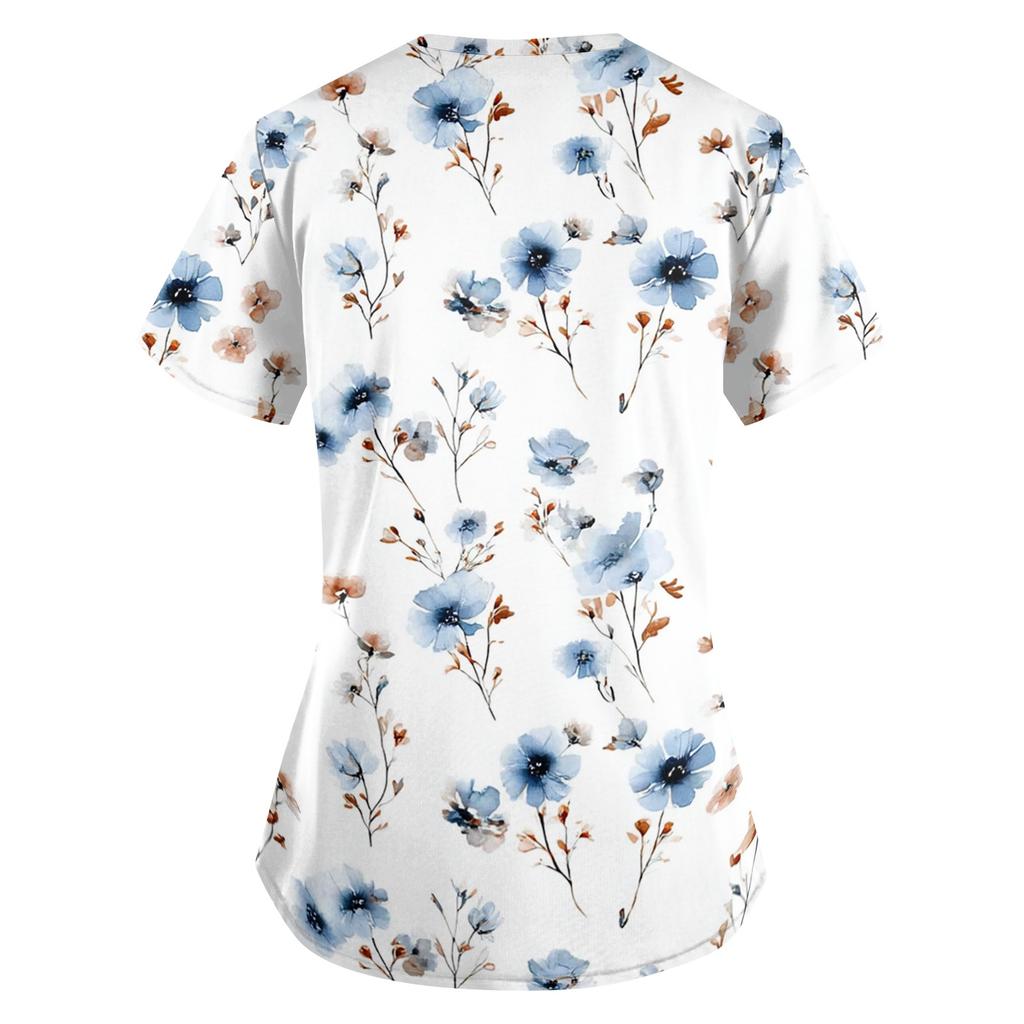 Women V Neck Printed Short Sleeve Loose Fit Scrub Top with Pockets for Nurses Caregivers Work Uniform Shirt