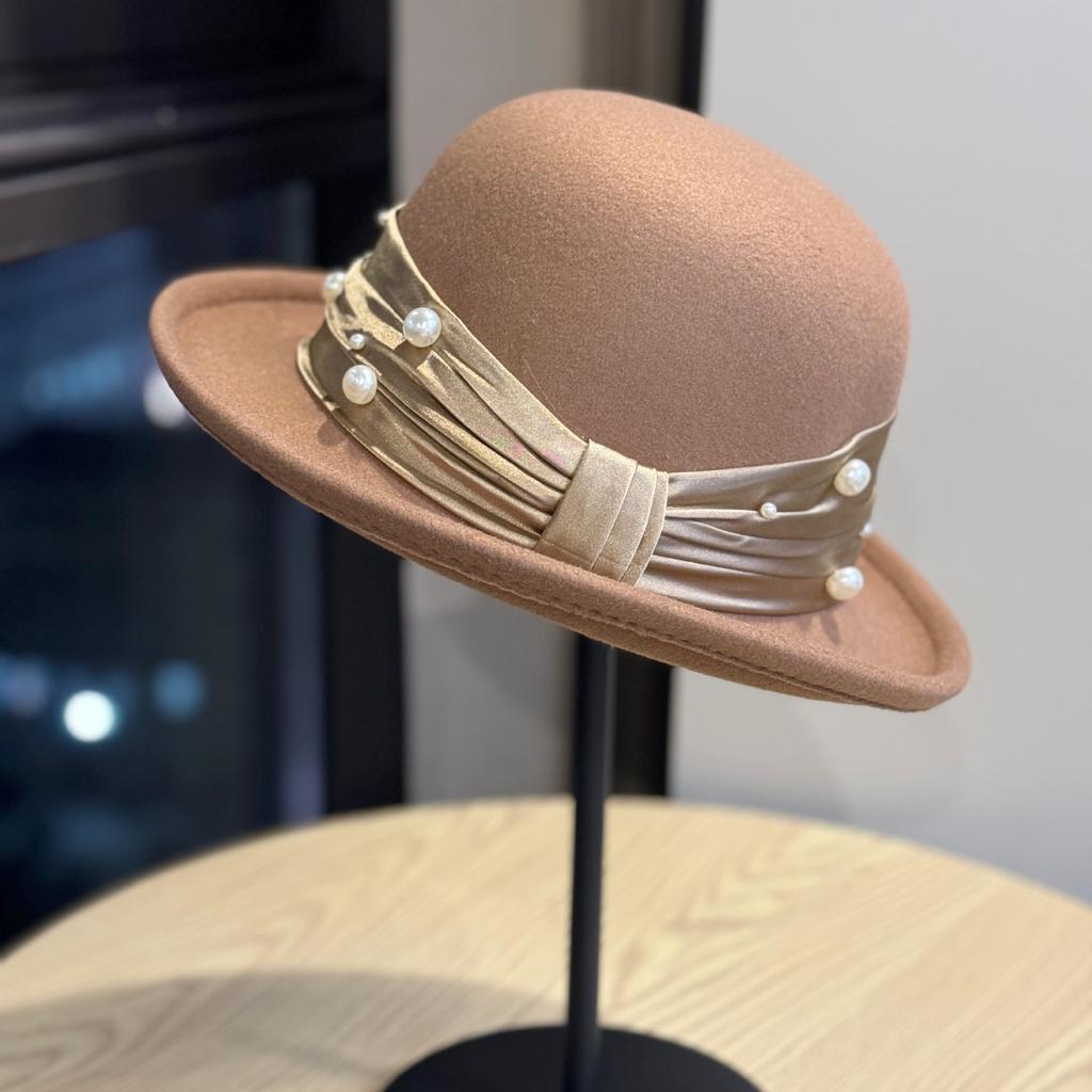 Pearl Hat Basin Hat Retro Hepburn Style Small Brim Fisherman Hat High End Elegant Lady's Woolen Hat
