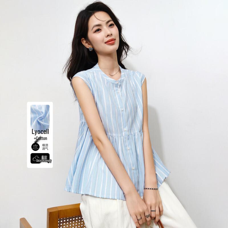 Women s Striped Sleeveless Ice Silk Cotton Shirt M