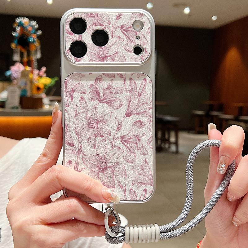 Romantic Rose Flower Pattern Leather Lanyard Case For iPhone 18 Pro Max Hybrid TPU+PU Anti-skid Soft Cover For iPhone 17 16 15 14 13 Pro Max