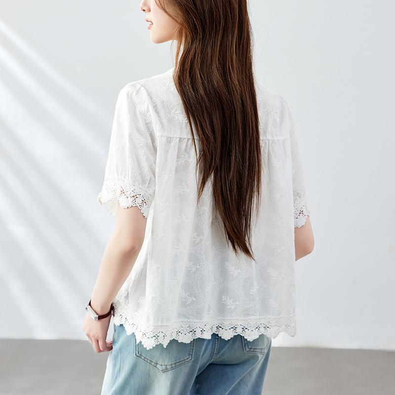 Lace Lace White Blouse for Women Short-sleeved Summer Updated Round Neck Embroidered Top Pure Cotton Womens Blouse