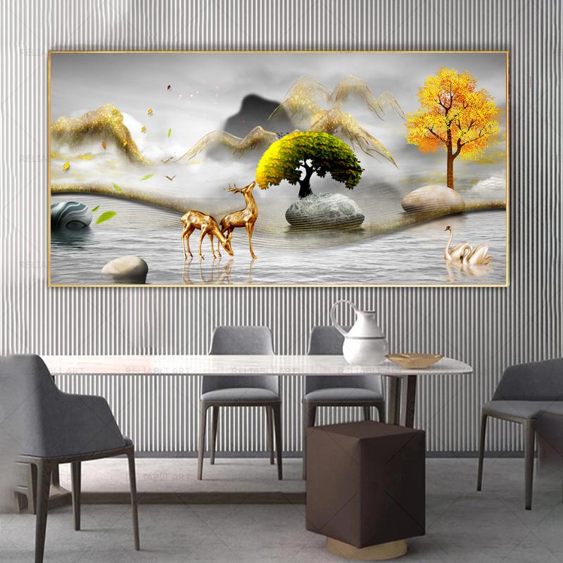 Modern Abstract Decorative Painting Deer Tree Ribbon Canvas Prints Wall Art Pictures for Living Room Light Luxury  Home Decor