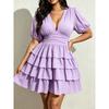 Vestido de tarta corto de color liso, manga corta, cuello en V sexy para mujer de talla grande