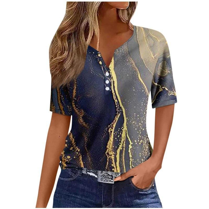 Print Short Sleeve European Style Women Clothing T-Shirt V-Neck