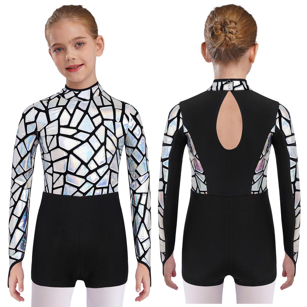 Sparkling Metallic Sequin Jumpsuit for Girls: Mock Neck Long Sleeve Keyhole Back Bodysuit for Gymnastics & Dance Shows