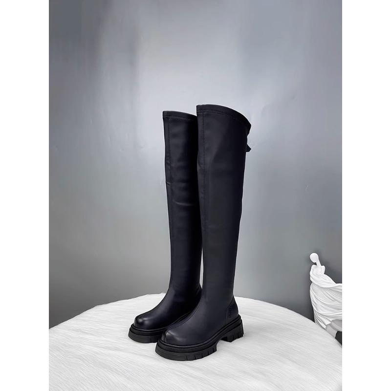 Boots Women's New Autumn and Winter Maillard Style Thin Elastic Knee Thick-soled Boots Small Boots