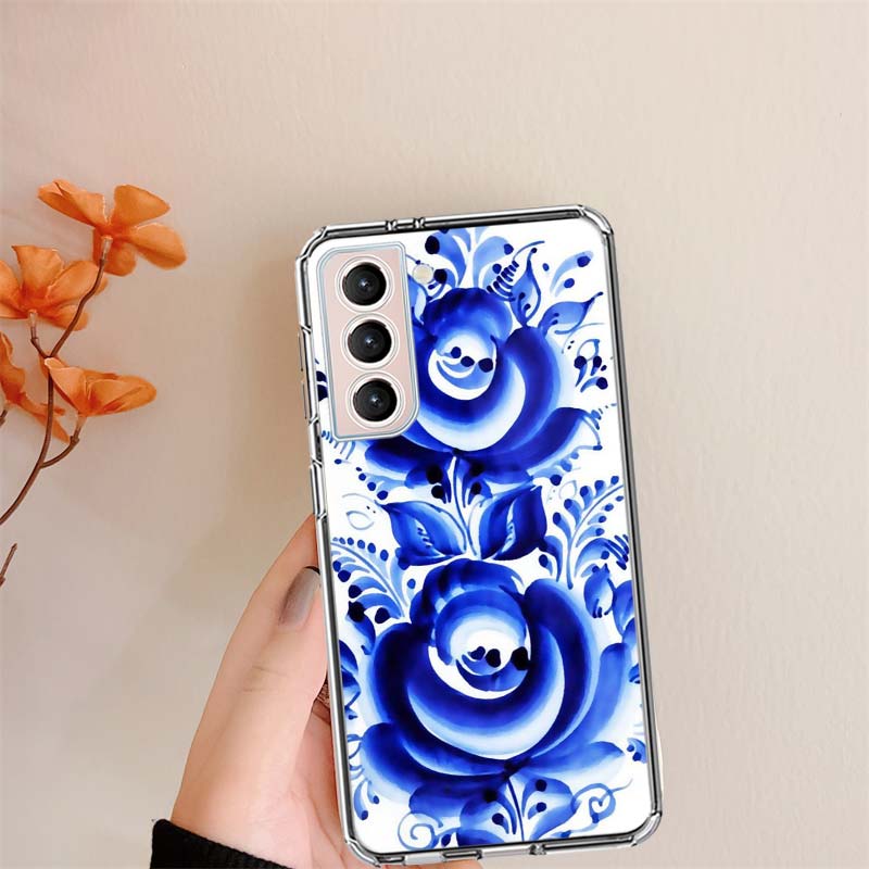 Blue white Porcelain Pattern Clear Phone Cases for Samsung S26 Ultra Galaxy S25 Edge S24 S23 FE S21 Plus S20 S22 S10 Cover Patte