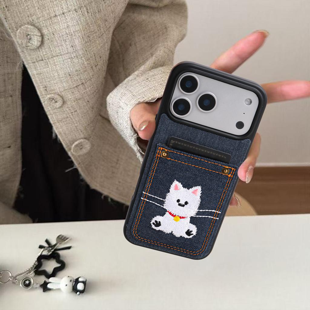 Cartoon Denim Embroidered Dog Faux Leather Phone Case Card Holder Premium Stylish for iPhone 17 Pro Max/17Air Pro