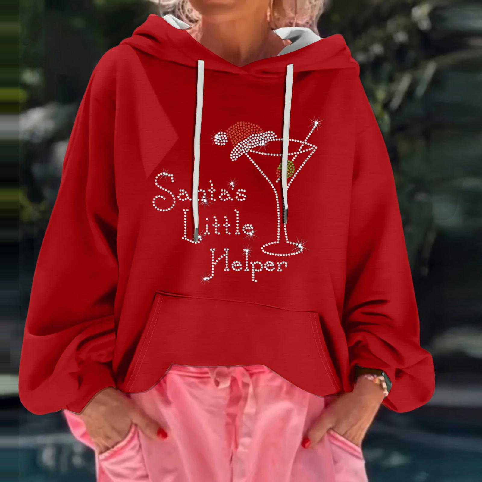 

Женский рождественский принт, свободный повседневный худи с длинным рукавом и капюшоном XL красный