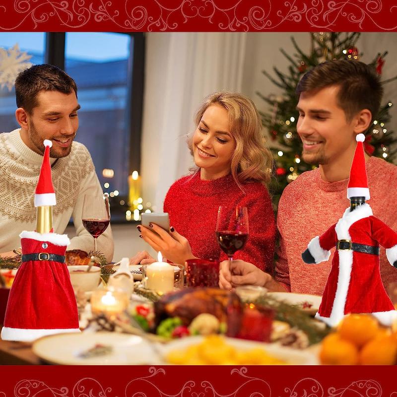 Christmas Wine Bottle Set Party Table Decor Wine Bottle Cover Red Velvet Dress Santa Claus Costume New Years Dinnerware Decor