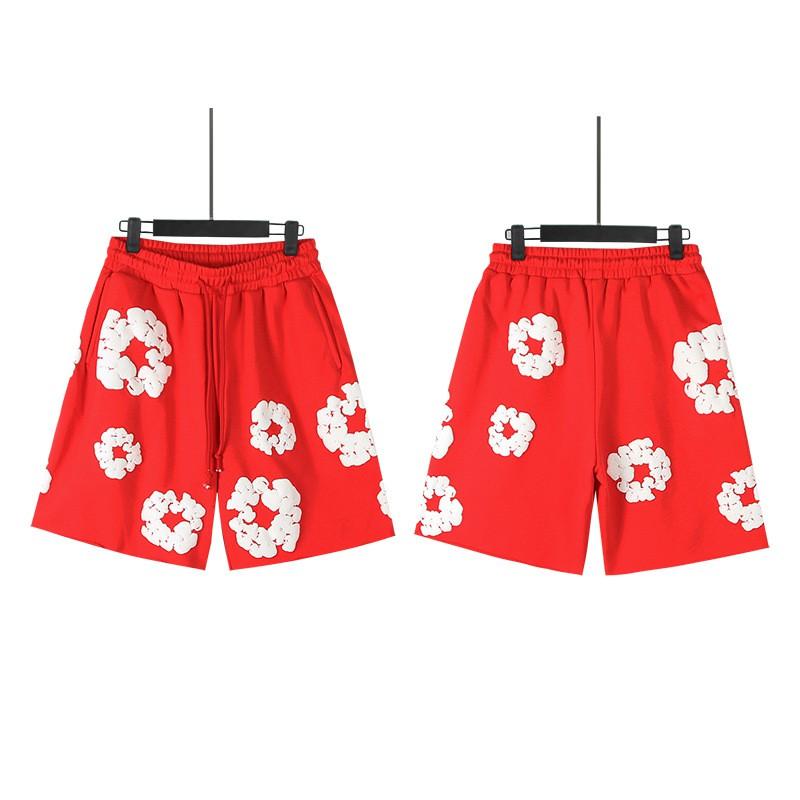 Men Women Streetwear Oversized Denim Shorts With Cotton Puff Floral Print Loose Fit Short Pants