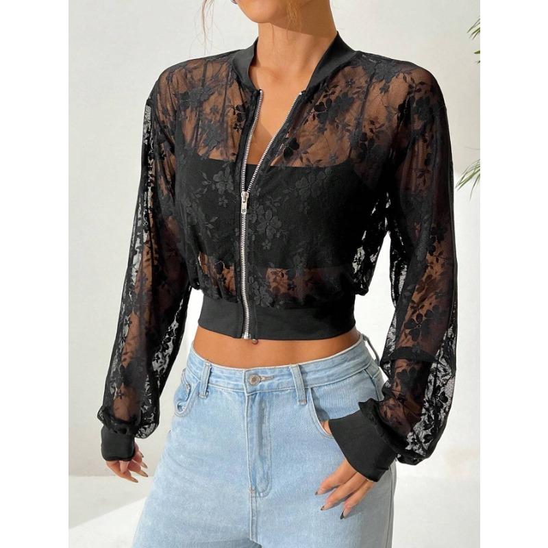 

Осенне-зимняя женская жаккардовая кружевная короткая куртка с прозрачной молнией XXL чёрный