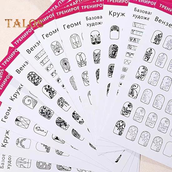 12-teiliges Nailart-Trainingsbuch, wiederverwendbares Übungsblatt für Nageldesign, für Frauen, Anfänger, Fingernagelmuster-Vorlage, Übungsbuch, Maniküre, Färben, Zeichnen