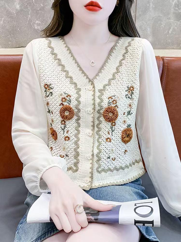 

New Crochet Cardigan: Embroidered Long Sleeve Chiffon Shirt, Versatile Short Style, Sun Protection Knit Outerwear. One Size хакі