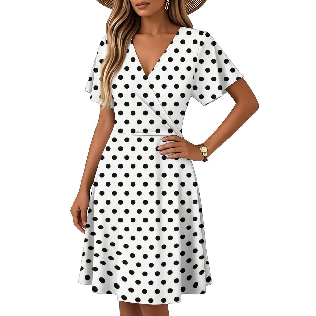 Women’s Flare-Sleeve Short-Sleeve Casual Dress Polka-Dot Printed V-Neck Dress