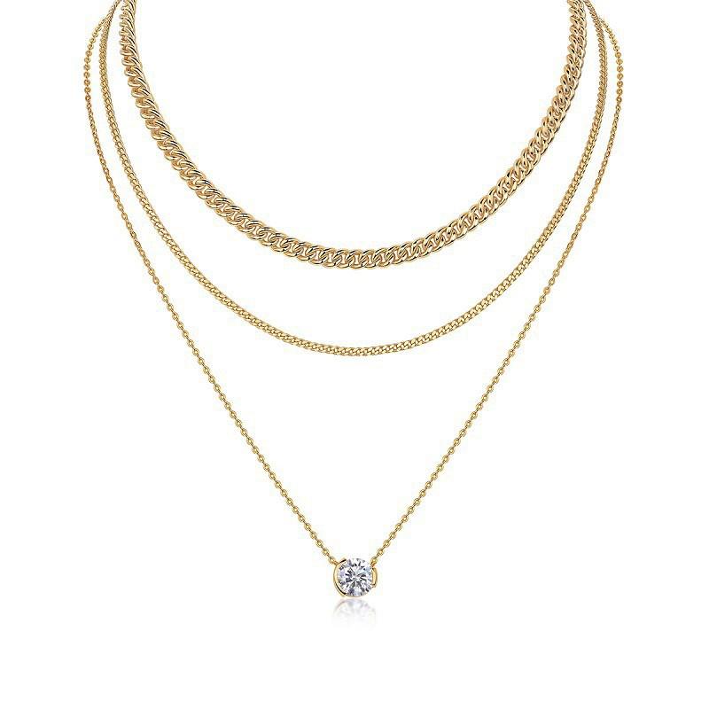 Elegant 3-Layer Sterling Necklace With Moissanite Stones Long Chain Women Minimalist Ins Style