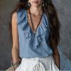 Blusa sin mangas para mujer con volantes en V, lisa, casual, corte holgado, top ligero, jersey para uso diario en la oficina
