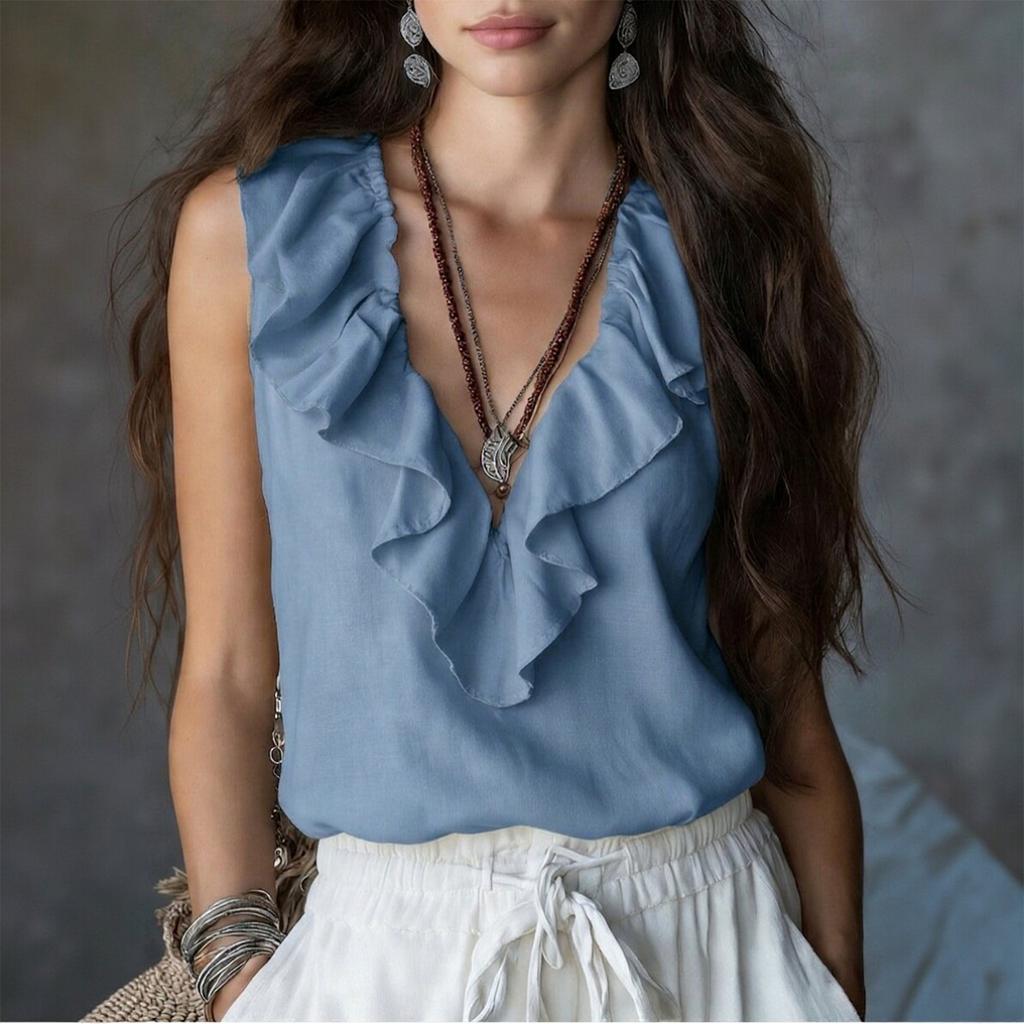 Blusa sin mangas para mujer con volantes en V, lisa, casual, corte holgado, top ligero, jersey para uso diario en la oficina