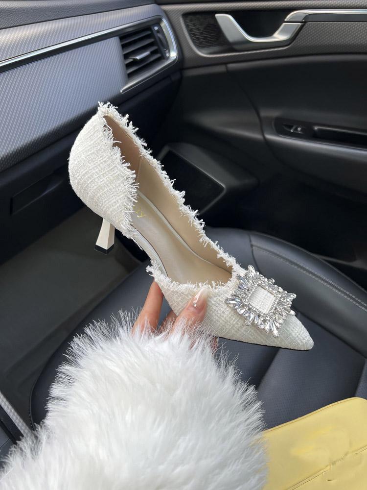 White Design Rhinestones Women Pumps Spring Fashion Pointed Toe Female Shallow High Heel Elegant Women's Work Dress Shoes