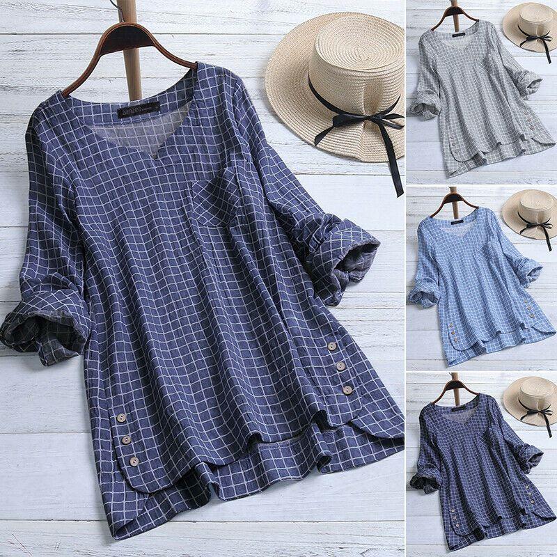 Women's Long Sleeve Plaid Check Shirt Tops V Neck Casual Asym Hem Blouse For Everyday Elegance