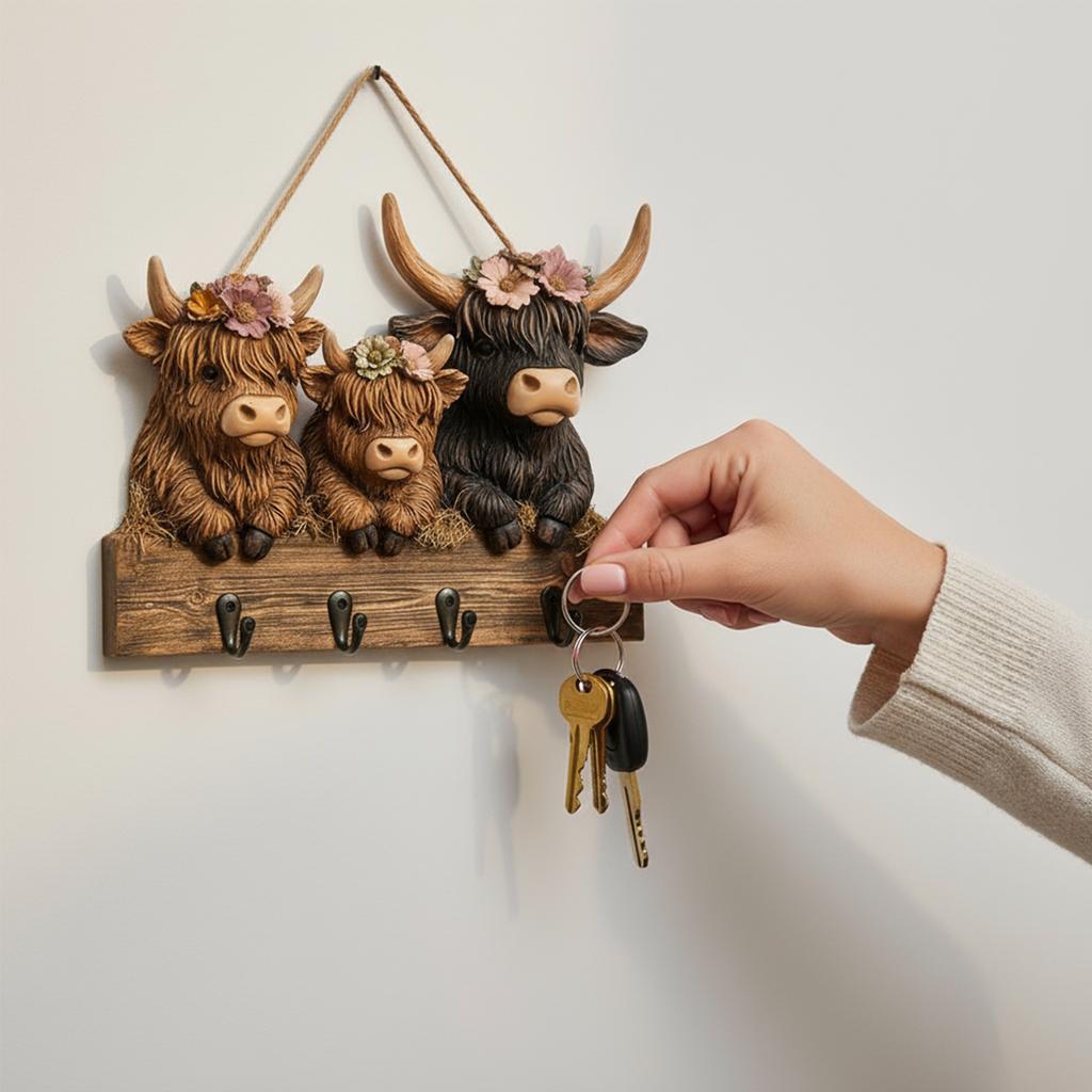 2D Flat Rustic Highland Cow Wooden Wall Decorative Rack with 4 Hooks Towel Key Hooks Coat Hanger for Entryway Hallway Farmhouse