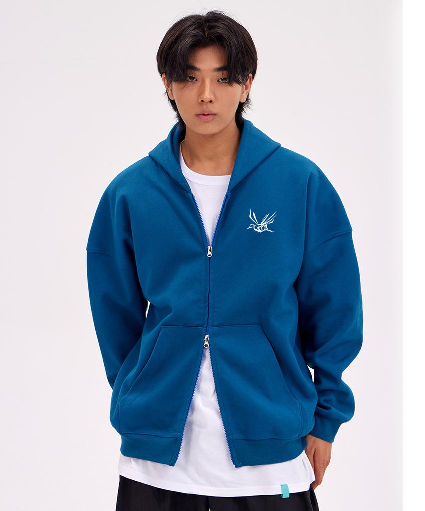 Astral Projection Crows Oversized Wide Shoulder Zip-Up Hoodie_Teal Blue