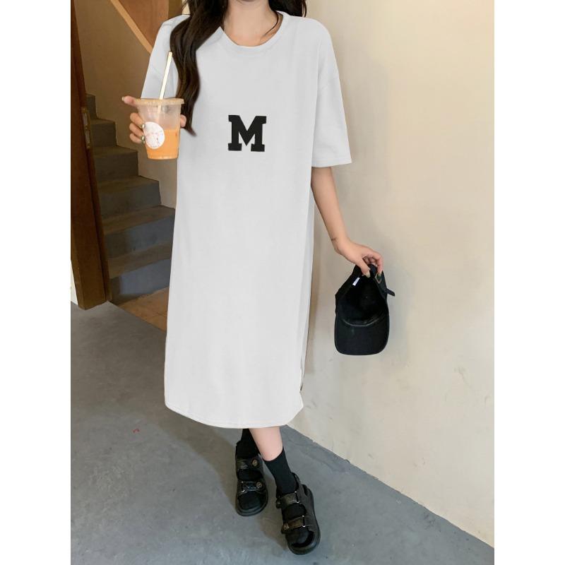 New Summer Large-size Women's Clothing Fat Mm Loose Belly Covering Bottom Shirt for Women Looking Slim Long Over-knee T-shirt Dress