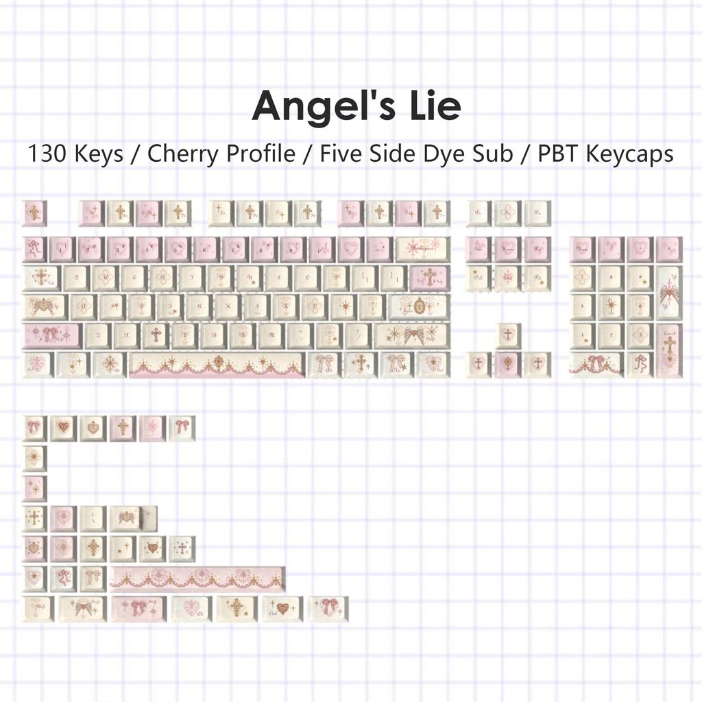 130 Keys Angel Lie Themed Five Sides Dye Sublimation PBT Keycaps Cherry Profile Cute Key Cap for MX Switches Mechanical Keyboard