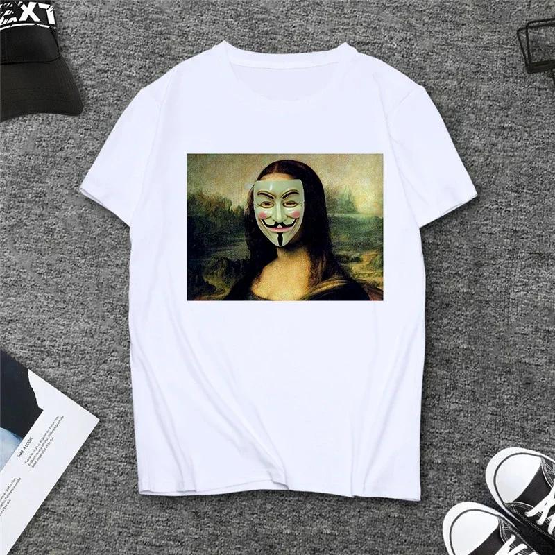 Verão Paródia Mona Lisa Bebendo Cerveja Estampa Camisetas Mulheres Estética Engraçado Casual Mangas Curtas Tops Feminino Mangas Harajuku