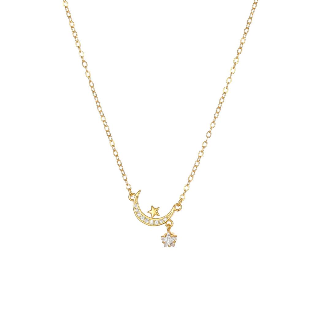 18K Gold-Plated Sterling Silver Star & Moon Diamond Pendant Necklace for Women - Luxury Design Clavicle Chain