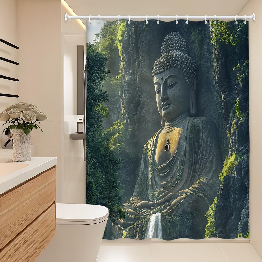 Tranquil Buddha Shower Curtain - Majestic Statue At Mount Emei, Polyester, Woven, Serene Scene With Trees & Waterfall