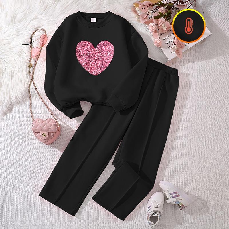 Girls' Big Kids 2-Piece Outfit Set Heart Print Long Sleeve Sweatshirt with Casual Wide Leg Pants Trendy Fall Winter Wear