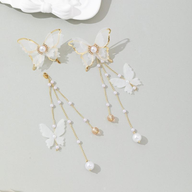 New Elegant Fairy Chiffon Buterfly Tassel Earrings For Women Fashion Imitation Pearl Dangle Drop Earrings Party Wedding Jewelry Gifts