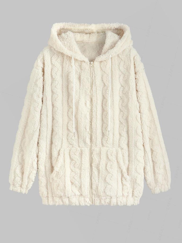 ZAFUL Moteriškas su užtrauktuku užsegamas kišeninis dirbtinio kailio pūkuotas geometrinis meškiuko džemperis