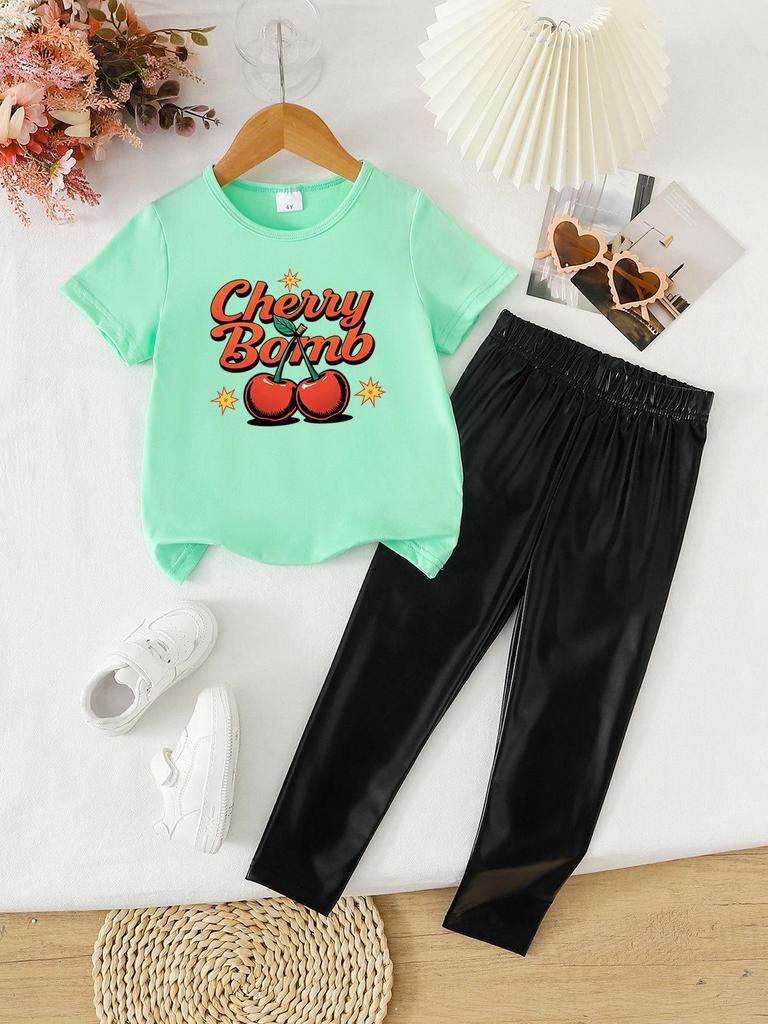 Summer Girls' Fashionable Two-Piece Clothing Set: Short Sleeve Top & Printed Long Pants