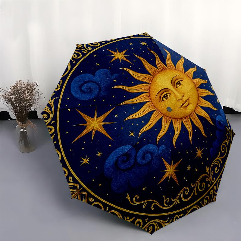 Golden Sun & Stars Circular Wall Art DecorUmbrella, Portable 3-Fold Compact Umbrella for Men & Women Gift