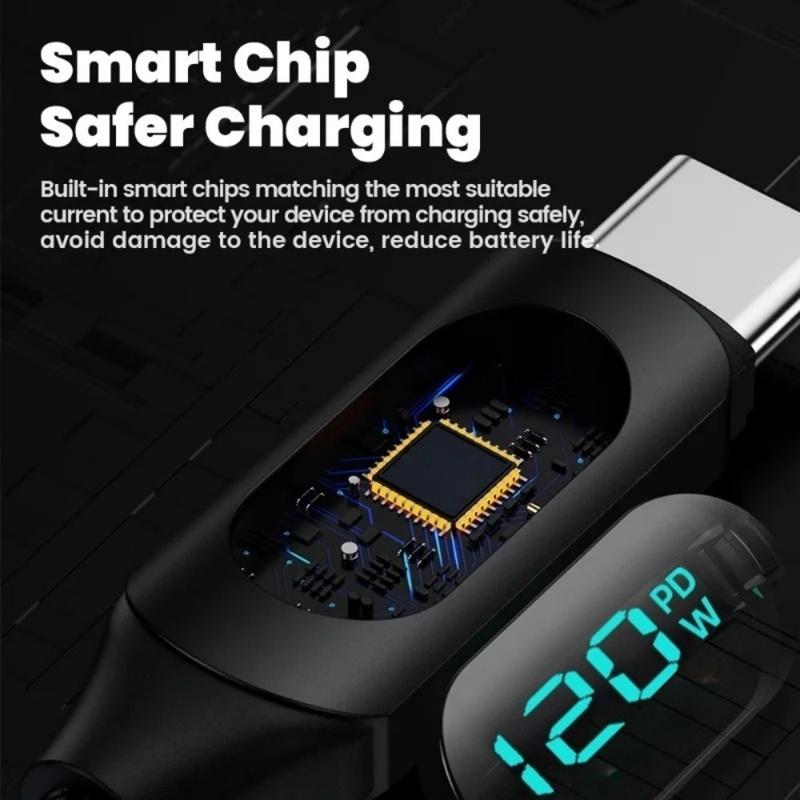 120W USB A To Type C LED Digital Display Fast Charging Data Cable Nylon Braided USB Charge Cord Type C To Type C PD 6A USB Cord