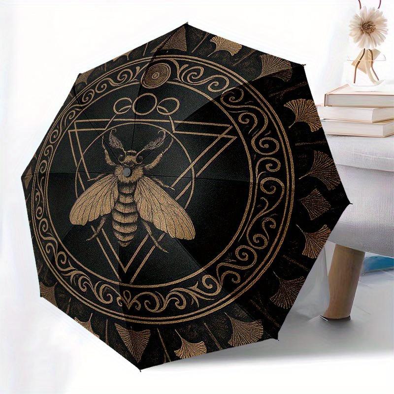 Golden Bee Symbol Circular Rug - Decorative Spiritual Design Umbrella, Portable 3-Fold Compact Umbrella for Men & Women R143