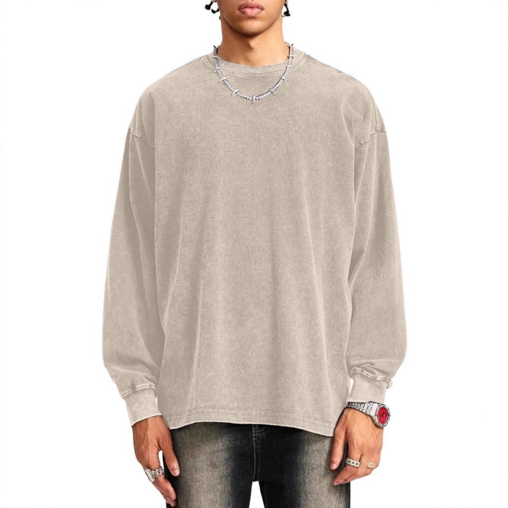 Men's And Women's Casual High-weight Washed Distressed Long-sleeved Men's Off-the-shoulder Retro Loose Round-neck All-cotton Top