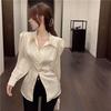 Chic French Autumn Puff Sleeve Slit Waist-Hugging Long Sleeve Top for Women