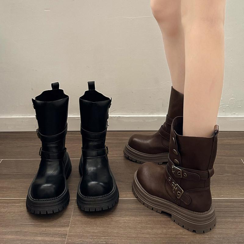 Japanese Maillard Knight Boots Women's Two Wear Belt Buckle Short Boots Women's British Style Medium Boots Thick-soled Retro Locomotive Boots