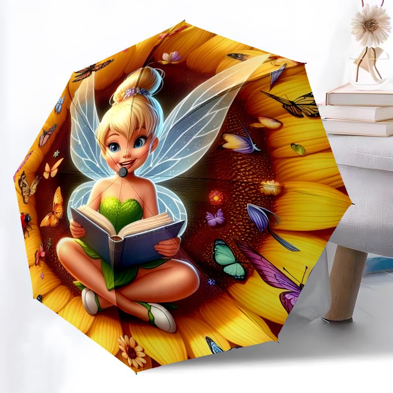 1 Stück Stabiler Automatikschirm mit 8 Speichen, Tinkerbell Pastellgrüner Blumensschirm mit Flügeln, Digitaldruck, Faltbarer Schirm für unterwegs im Freien