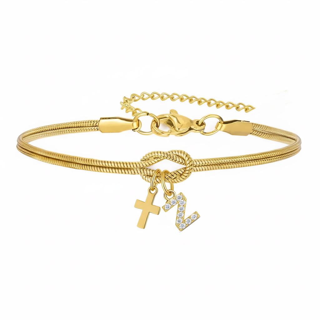 Double Knot Round Snake Bone Bracelet with Diamond 26 Letters Cross Pendant Charm Jewelry
